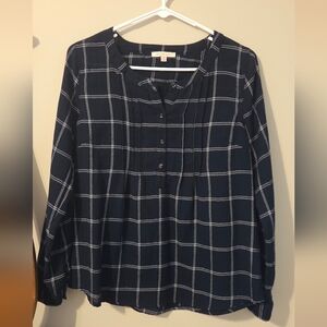 Navy Plaid Button-Up Blouse